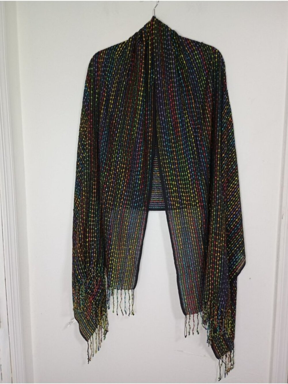 Rainbow Striped Black Scarf With Fringe By Bijoux Terner Lightweight Wrap